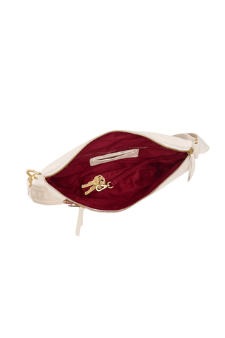 White pebbled leather crossbody belt bag with gold hardware by Hammitt