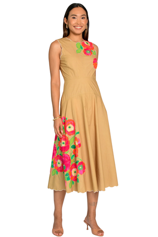 Elizabeth James Claire Dress Poppy Patch Iced Coffee floral midi dress with appliqué Monkee's of the West End