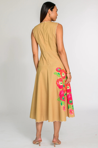 Elizabeth James Claire Dress Poppy Patch Iced Coffee floral midi dress with appliqué Monkee's of the West End