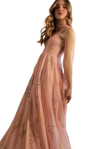 Peach floral maxi dress with fitted bodice and flowing skirt by Kleid