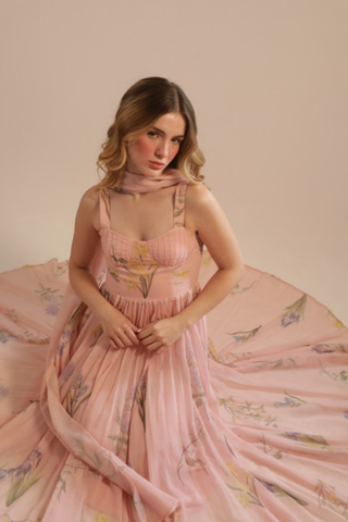 Peach floral maxi dress with fitted bodice and flowing skirt by Kleid