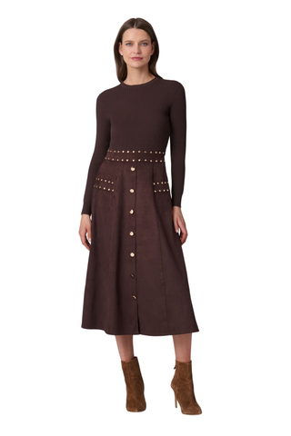 Shoshanna Cleo Dress in Chocolate with long-sleeve ribbed knit bodice, faux suede midi skirt, and gold stud and button detailing.