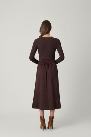 Shoshanna Cleo Dress in Chocolate with long-sleeve ribbed knit bodice, faux suede midi skirt, and gold stud and button detailing.