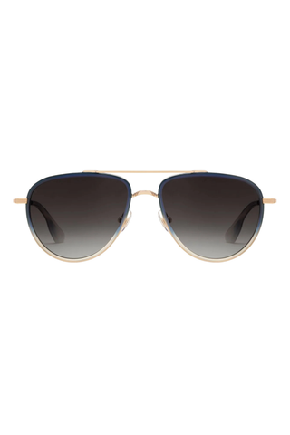 Krewe Coleman Sunglasses in Matte Indigo Fade featuring gold-plated aviator hardware, grey gradient lenses, and modern side shield detailing