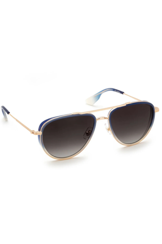 Krewe Coleman Sunglasses in Matte Indigo Fade featuring gold-plated aviator hardware, grey gradient lenses, and modern side shield detailing