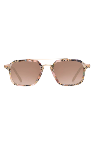 Krewe Colton Sunglasses in Pink Poppy featuring marbled acetate frames, mirrored amber gradient lenses, and gold-plated aviator detailing
