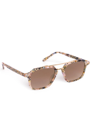 Krewe Colton Sunglasses in Pink Poppy featuring marbled acetate frames, mirrored amber gradient lenses, and gold-plated aviator detailing