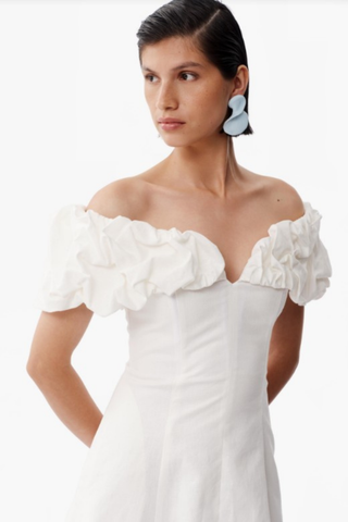 Model wearing De Loreta Cumaral Dress in White with off-the-shoulder ruffle sleeves, structured bodice, and fit-and-flare mini silhouette