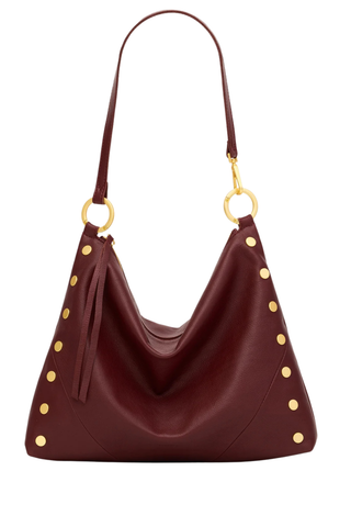 Hammitt Kyle Lrg Handbag in Cherrywood Pebble featuring deep oxblood pebbled leather, gold-tone rivets, and a slouchy hobo silhouette.