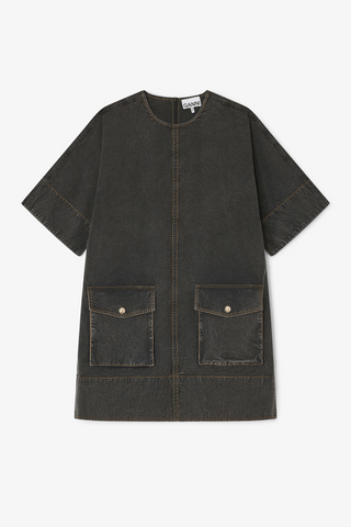 Washed Cotton Boxy Mini Dress, Black