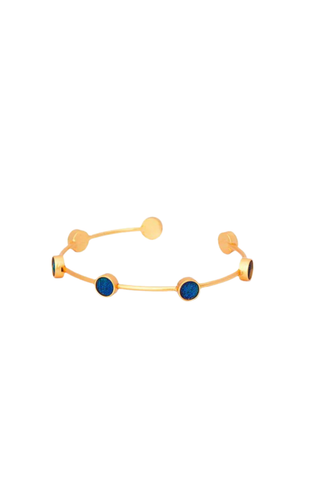 Brackish Deci Multi-Bezel cuff bracelet with blue peacock feather bezels and 18k gold plated finish