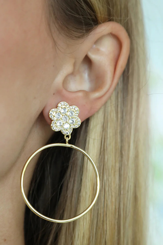 Gold hoop earrings with pavé crystal flower stud by Asha by ADM