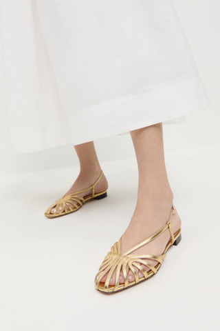 Loeffler Randall Devon Lattice Slingback Flat in Gold metallic leather featuring an intricate woven lattice design and adjustable slingback strap.