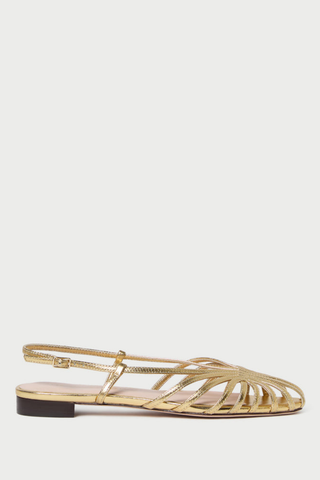 Loeffler Randall Devon Lattice Slingback Flat in Gold metallic leather featuring an intricate woven lattice design and adjustable slingback strap.