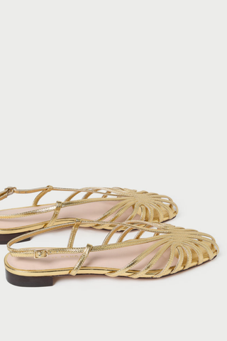 Loeffler Randall Devon Lattice Slingback Flat in Gold metallic leather featuring an intricate woven lattice design and adjustable slingback strap.