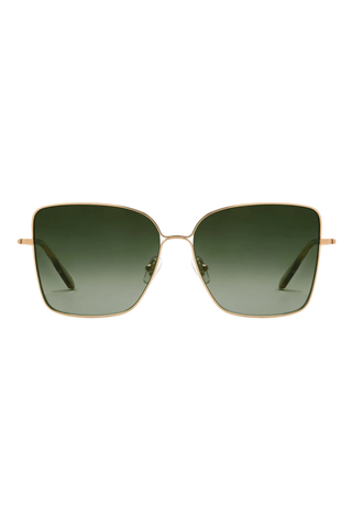 Krewe Dolly Sunglasses in 24K gold-plated stainless steel with oversized square frames and dark green gradient polarized lenses