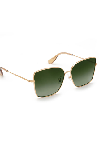 Krewe Dolly Sunglasses in 24K gold-plated stainless steel with oversized square frames and dark green gradient polarized lenses
