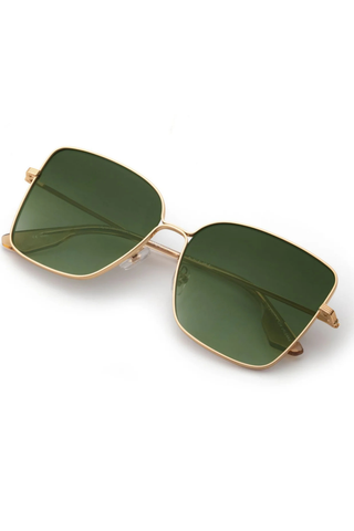 Krewe Dolly Sunglasses in 24K gold-plated stainless steel with oversized square frames and dark green gradient polarized lenses