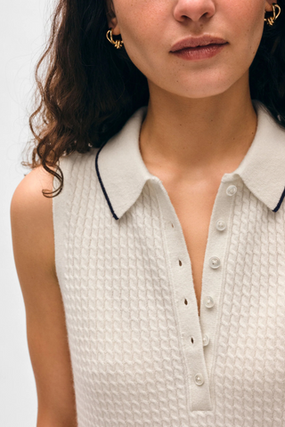 Cable Sleeveless Polo, Soft White/Deep Navy