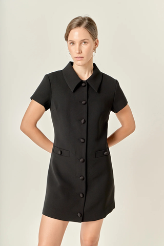 Button Collar Mini Dress,  Black