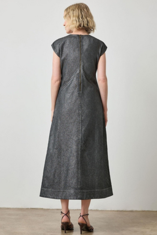 Metallic Seamed Maxi Dress, Silver Denim