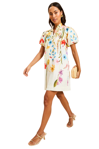 Mestiza Elliana Mini Dress Garden Muse ivory floral mini dress with puff sleeves and shift silhouette Monkee's of the West End