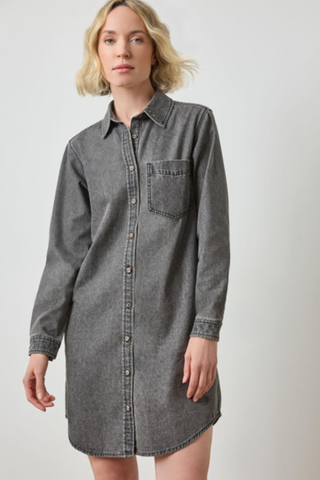 Denim Button Down Shirt Dress, Grey Denim