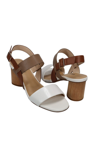 Lorian Heeled Sandal, White + Taupe
