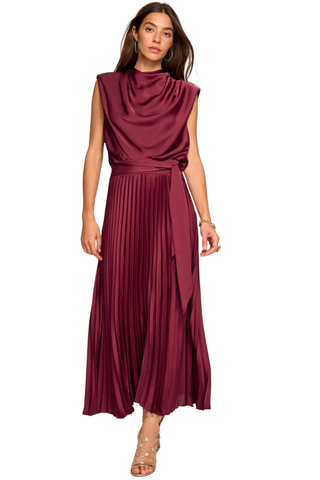 Ramy Brook Farah Dress in Cranberry, a sleeveless cranberry satin maxi dress with a draped cowl neckline, sash waist, and pleated skirt.