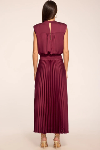 Ramy Brook Farah Dress in Cranberry, a sleeveless cranberry satin maxi dress with a draped cowl neckline, sash waist, and pleated skirt.