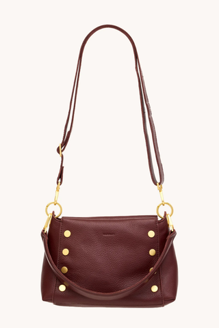 Hammitt Bryant Med Handbag in Cherrywood Pebble featuring oxblood pebbled leather, brushed gold hardware, and a structured shoulder bag silhouette.