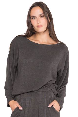 Sweater Knit Boat Neck Top, Charcoal