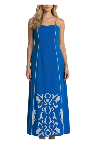 Anna Cate Graham Midi Dress in Celeste featuring cobalt blue fabric, ivory contrast detailing, bead strap accents, and midi-length silhouette