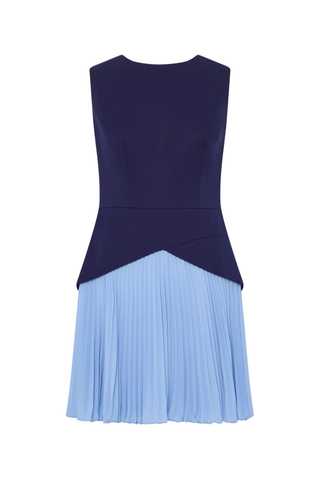 Milly Haddy Mini Dress navy blue two tone sleeveless structured bodice pleated chiffon skirt mini dress