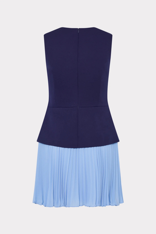 Milly Haddy Mini Dress navy blue two tone sleeveless structured bodice pleated chiffon skirt mini dress