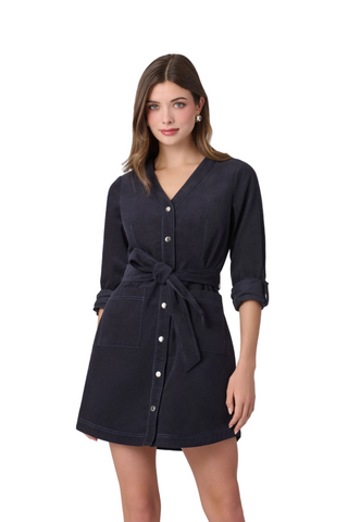 Shoshanna Hamlin Dress in Ink featuring a collared button front, three-quarter sleeves, tie waist, contrast stitching, and mini silhouette.
