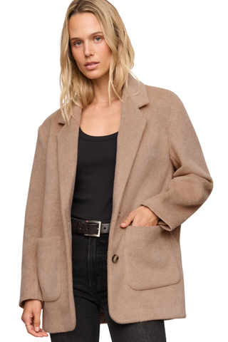 Z Supply Hutton Oversize Blazer in Classic Camel featuring an oversized fit, relaxed shoulders, button front, and patch pockets.