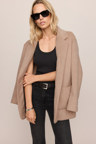 Z Supply Hutton Oversize Blazer in Classic Camel featuring an oversized fit, relaxed shoulders, button front, and patch pockets.