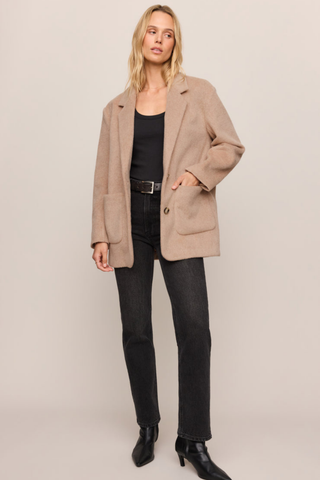 Z Supply Hutton Oversize Blazer in Classic Camel featuring an oversized fit, relaxed shoulders, button front, and patch pockets.