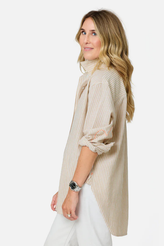 Kerri Rosenthal Jack Linen Stripe Shirt in tan and white stripe with relaxed fit, button front, and embroidered heart detail