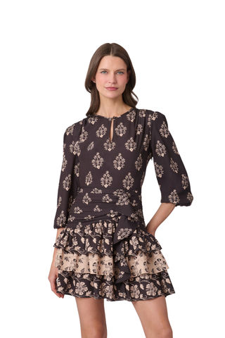 Shoshanna Janelle Dress in Coffee and Ecru featuring a printed bodice, three-quarter puff sleeves, and tiered ruffle mini skirt.