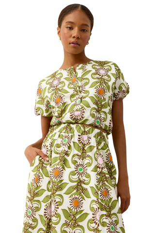 Marie Oliver Jaylen Top in Jardin with cropped silhouette, bubble hem, button front, and green retro floral geometric print