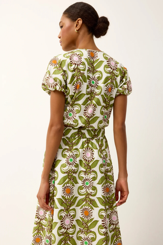 Marie Oliver Jaylen Top in Jardin with cropped silhouette, bubble hem, button front, and green retro floral geometric print