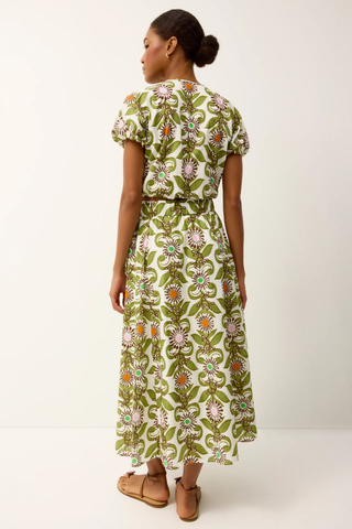 Marie Oliver Jaylen Top in Jardin with cropped silhouette, bubble hem, button front, and green retro floral geometric print