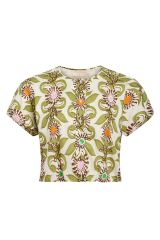 Marie Oliver Jaylen Top in Jardin with cropped silhouette, bubble hem, button front, and green retro floral geometric print