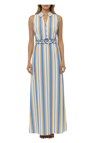 Anna Cate Jill Dress in Coastal Stripe featuring blue and cream vertical stripes, sleeveless maxi silhouette, collared neckline, and braided waist belt