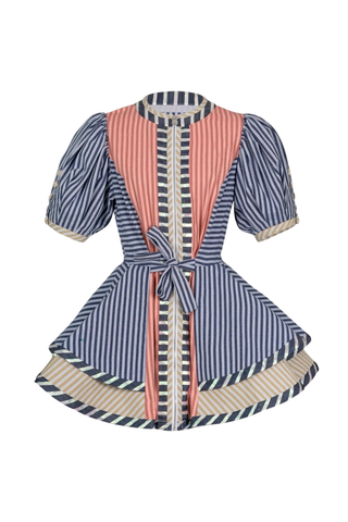 Celia B Kaen Dress in Multi featuring mixed stripe prints, puff sleeves, front zipper detail, and dramatic flared mini silhouette