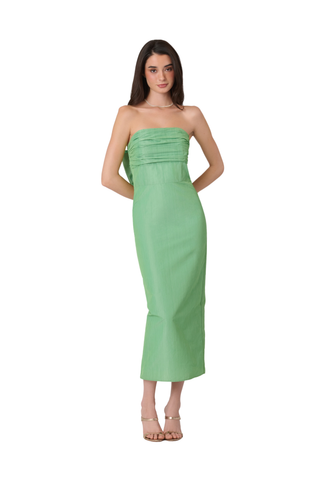 Strapless sage green midi dress with smocked ruched bodice and slim column silhouette, shown on model against white background.