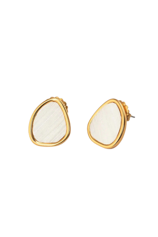 Brackish Ke'oke'o 2.0 stud earrings with white rooster feather detailing and 18k gold plated finish