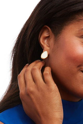 Brackish Ke'oke'o 2.0 stud earrings with white rooster feather detailing and 18k gold plated finish